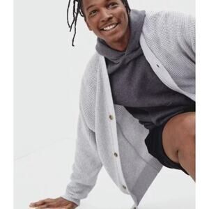 EVERLANE Men's No Sweat Waffle Fisherman Cardigan Sweater Ash Gray XL Preppy